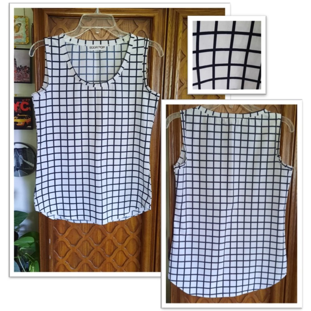3/$15 Soda Pop Window-Pane Grid Tank Blouse - Black/White Size XS